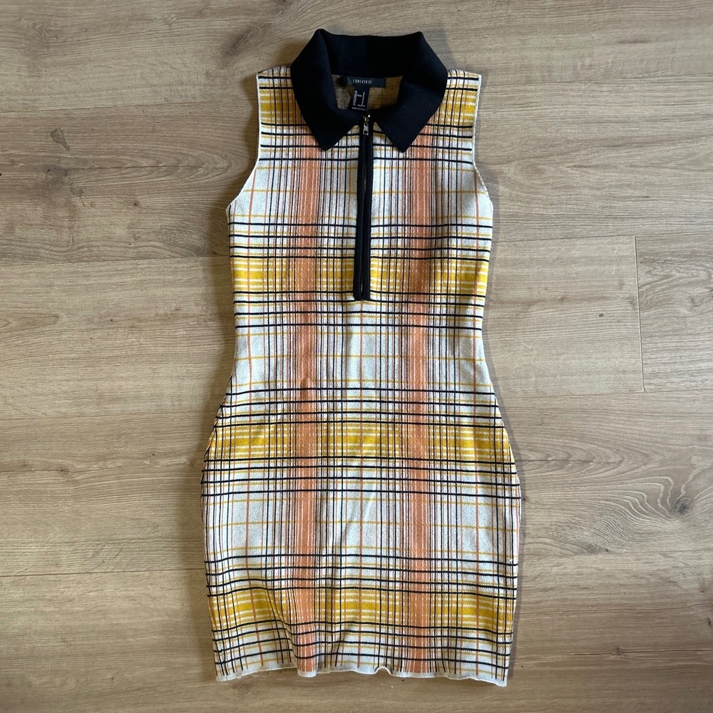 Forever 21 Yellow Orange Plaid Sleeveless Quarter Zip Knit Mini Dress Small